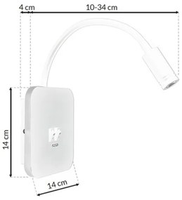 Veioză LED flexibilă de perete cu USB BASE 1xLED/8W+1xLED/2W/230V alb