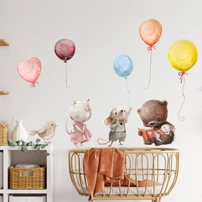 INSPIO Autocolante deasupra patului - animale cu baloane în culori pastel