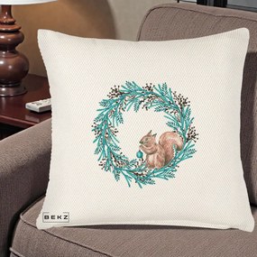 Perna Decorativa Coroana Turcoaz cu Veverita, 40x40 cm, Crem Reliefat, Husa Detasabila, Perna Inclusa, BEKZ®