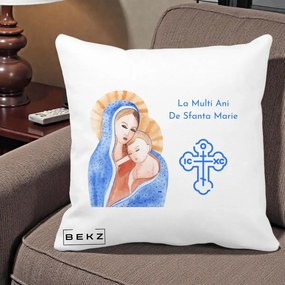 Cadou de Onomastica - Perna Personalizata Sfanta Marie Icoana Acuarela, 40x40 cm, Alba Mata, Husa Detasabila, Perna Inclusa, BEKZ®