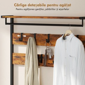 HOMCOM Cuier de Podea 5 în 1, 181,5 cm, cu Bancă și Suport pentru Încălțăminte, 10 Cârlige, Metal, Maro Rustic | Aosom Romania