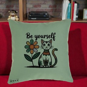 Perna Personalizata Be Yourself Pisica Folk, 40x40 cm, Verde, Husa Detasabila, Perna Inclusa, BEKZ®