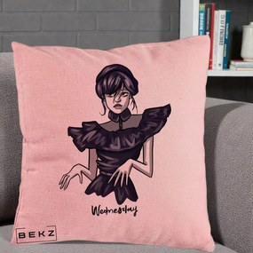 Perna Personalizata Wednesday Addams Dans Gotic, 40x40 cm, Roz, Husa Detasabila, Perna Inclusa, BEKZ®