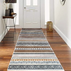 Traversa hol antiderapanta, 80x300 cm, bej, model etnic geometric