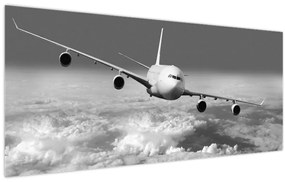 Tablou - Avion în nori, alb și negru (120x50 cm)