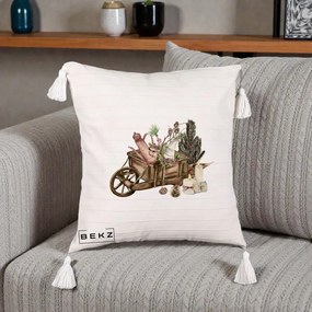 Perna Decorativa Roaba Rustica de Craciun, 40x40 cm, Bej cu Franjuri, Husa Detasabila, Perna Inclusa, BEKZ®