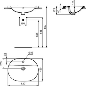 Lavoar incastrat alb 62 cm, oval, orificiu baterie si preaplin Ideal Standard Connect