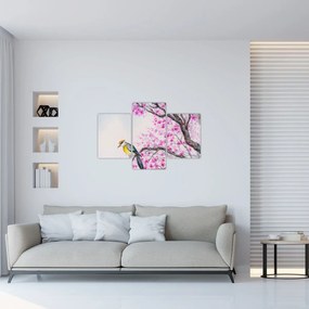 Tablou - Pasăre pe un copac cu flori roz (90x60 cm)