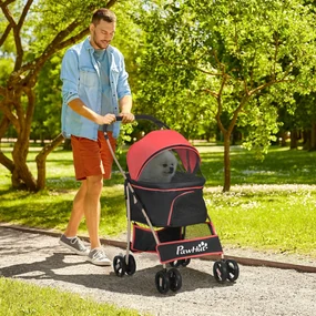 PawHut Cărucior pentru Câini Pliabil și Convertibil în Geantă de Transport cu 2 Lese și Pernă, 82x49.5x98 cm, Roșu | Aosom Romania