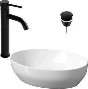 Pachet lavoar pe blat Cersanit Larga alb 50 cm, baterie lavoar Rea Lungo negru si ventil lavoar Click-Clack D negru