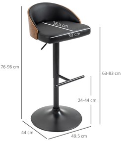 HOMCOM Scaune de Bar Set 2 buc., Scaun de Bar Tapitat din Oțel și Lemn Masiv, Înălțime Reglabilă pentru Bucătărie cu Suport pentru Picior, Rotativ 360°, Scaun de Bar pentru Bucătărie, Sufragerie, Sală de Mese, Negru+Cafea | Aosom Romania