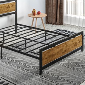 HOMCOM Cadru de Pat Single din Lemn și Oțel 140x200cm, Sipci, Tetieră Stil Industrial, Negru/Maro Rustic | Aosom Romania