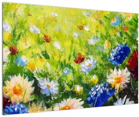 Tablou - Pictură în ulei, pajiște înflorită (90x60 cm)