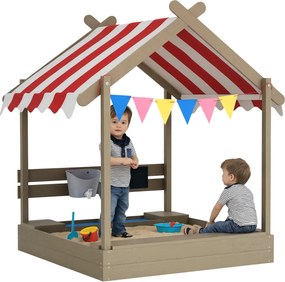 Outsunny Cutie de nisip cu protecție solară, design casă de joacă, cu set de jucării, lemn masiv tratat, 124 x 116 x 146 cm, Gri | Aosom Romania