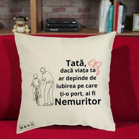 Cadou pentru Tata - Perna Personalizata Tata Nemuritor Bicicleta, 40x40 cm, Ecru, Husa Detasabila, Perna Inclusa, BEKZ®