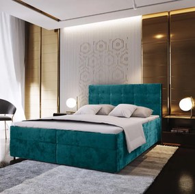 Reducere Pat tapițat boxspring GLORIEN VELVET 140x200 cm turquoise Calitate II Saltele: Saltea cu arcuri Bonell