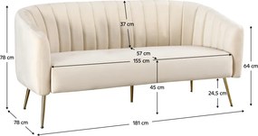 Canapea de design cu 3 locuri, ţesătură Velvet bej/gold crom-auriu, BAGY