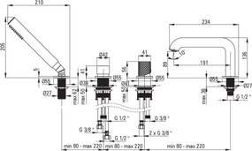 🛁 Baterie pentru cadă SILIA HEXA, 4 orificii, cu set de duș – Finisaj auriu periat – Cod BHS_R14M