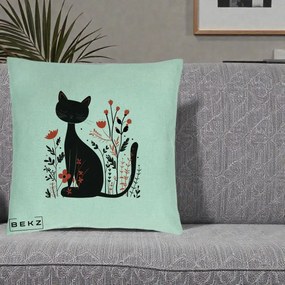 Perna Decorativa Pisica Neagra Flori Rosii Folk Minimal, 40x40 cm, Verde Menta, Husa Detasabila, Perna Inclusa, BEKZ®