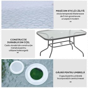 Outsunny Masă Pliabilă pentru Grădină cu Gaură pentru Umbrelă, Mobilier Exterior din Metal și Sticlă, 120x80x70 cm | Aosom Romania