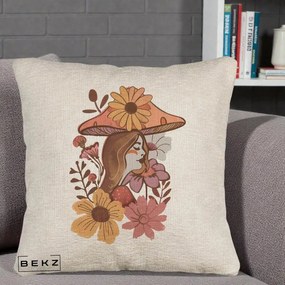 Perna Decorativa Fata Ciuperca Florala Boho, 40x40 cm, Bej Canapea, Husa Detasabila, Perna Inclusa, BEKZ®