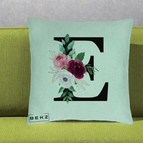 Cadou Personalizat - Perna Personalizata Monograma Florala Litera E, 40x40 cm, Verde Menta, Husa Detasabila, Perna Inclusa, BEKZ®
