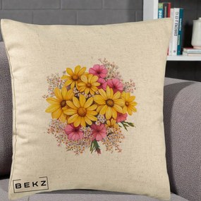 Perna Decorativa Floarea-Soarelui cu Cosmos Roz si Gypsophila, 40x40 cm, Bej, Husa Detasabila, Perna Inclusa, BEKZ®
