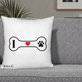 Perna Personalizata I Love Dog Os si Labuta, 40x40 cm, Alb Pufos, Husa Detasabila, Perna Inclusa, BEKZ®