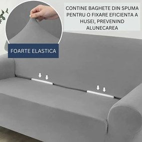 Set huse elastice din catifea pentru canapea 3 locuri + 2 fotolii, cu brate, gri deschis, HCCJS-09
