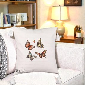 Perna Decorativa Colectie Fluturi Multicolori, 40x40 cm, Bej cu Franjuri, Husa Detasabila, Perna Inclusa, BEKZ®