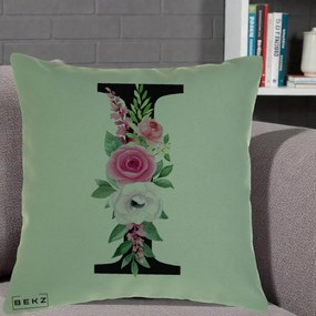 Cadou Personalizat - Perna Personalizata Monograma Florala Litera I, 40x40 cm, Verde, Husa Detasabila, Perna Inclusa, BEKZ®