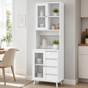 HOMCOM Servantă Înaltă de Bucătărie cu Uși din Sticlă, 2 Rafturi Deschise, 4 Sertare, Rafturi Reglabile, 60x35x180 cm, Alb | Aosom Romania