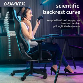 DOWINX Scaun gaming, ergonomic, pernă lombară cu masaj, spatar inalt, suport pentru picioare, piele PU matlasata, respirabila, cotiere 4D, rezistent 150 kg, Albastru