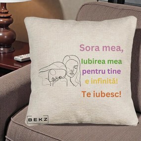 Cadou pentru Sora - Perna Personalizata Sora Mea Te Iubesc Line Art Fete Colorate Brate Ridicate, 40x40 cm, Bej Canapea, Husa Detasabila, Perna Inclusa, BEKZ®