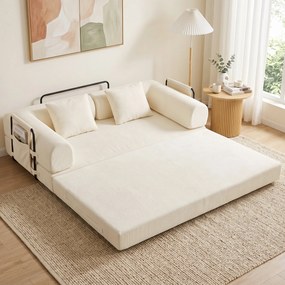 HOMCOM Canapea extensibilă 3 locuri 5 în 1, pliabilă, cu 2 perne din chenille, umplutură groasă, fără montaj, alb | Aosom Romania