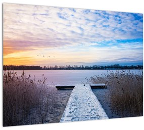 Tablou pe sticlă - Lac înghețat, Ełk, Mazury, Polonia (70x50 cm)