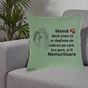 Cadou pentru Mama - Perna Personalizata Mama Nemuritoare cu Copilul in Poala, 40x40 cm, Verde, Husa Detasabila, Perna Inclusa, BEKZ®