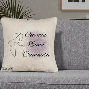 Cadou pentru Cumnata - Perna Personalizata Cea mai Buna Cumnata cu Silueta Dama si Pete Violet, 40x40 cm, Bej Canapea, Husa Detasabila, Perna Inclusa, BEKZ®