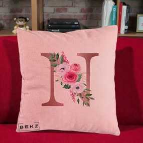 Cadou Personalizat - Perna Personalizata Monograma Rose Gold Litera N, 40x40 cm, Roz, Husa Detasabila, Perna Inclusa, BEKZ®