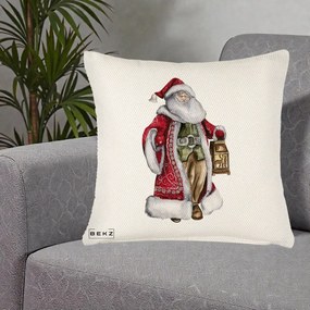 Perna Decorativa Mos Craciun Vintage cu Felinar, 40x40 cm, Crem Reliefat, Husa Detasabila, Perna Inclusa, BEKZ®