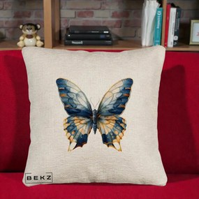 Perna Decorativa Fluture Albastru Auriu Elegant, 40x40 cm, Bej Canapea, Husa Detasabila, Perna Inclusa, BEKZ®