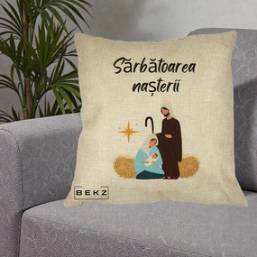 Perna Decorativa Nasterea Domnului Sfanta Familie Sarbatoarea Nasterii, 40x40 cm, Crem, Husa Detasabila, Perna Inclusa, BEKZ®