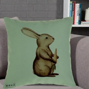 Perna Decorativa Iepuras Acuarela cu Morcov, 40x40 cm, Verde, Husa Detasabila, Perna Inclusa, BEKZ®