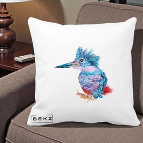 Perna Decorativa Pasare Martin Pescar Acuarela Albastru-Mov, 40x40 cm, Alba Mata, Husa Detasabila, Perna Inclusa, BEKZ®