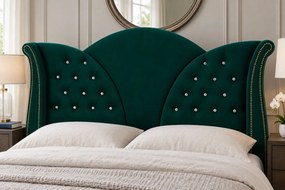 Pat tapițat Chesterfield din catifea Velora Cristal 140×200 cm, verde, cu ladă de depozitare