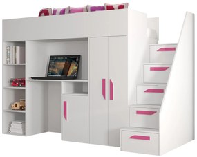 Pat pentru copii combinat 90 cm Puro 14 (alb mat + alb lucios + mânere roz). 1087091