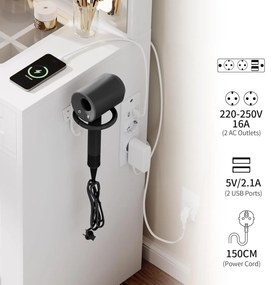 SEA498 - Set Masa toaleta 90 cm, cosmetica machiaj, oglinda cu LED, masuta vanity cu Priza, USB si Suport Uscator par - Alb
