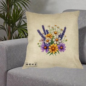 Perna Decorativa Lavanda Musetel si Flori Mov, 40x40 cm, Crem, Husa Detasabila, Perna Inclusa, BEKZ®
