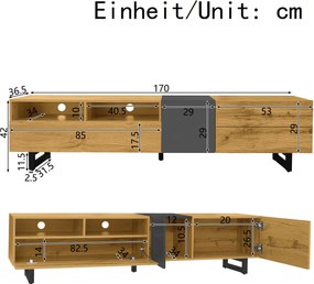 Comodă TV cu 3 uși și 2 compartimente, picioare metalice tip U, 170x36,5x42 cm, Culoare naturală