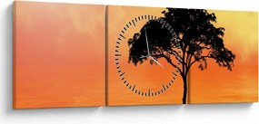 Tablou cu copac în apus de soare (cu ceas) (90x30 cm)